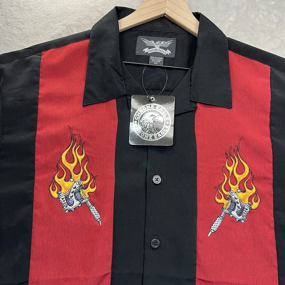 Chrome Eagle Biker Riding Flames Shirt Mens XXL Black Red Button Up NEW
